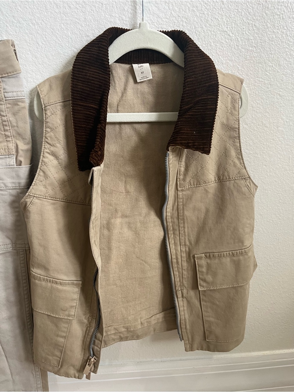 Men's Tan Utility Vest with Brown Corduroy Collar